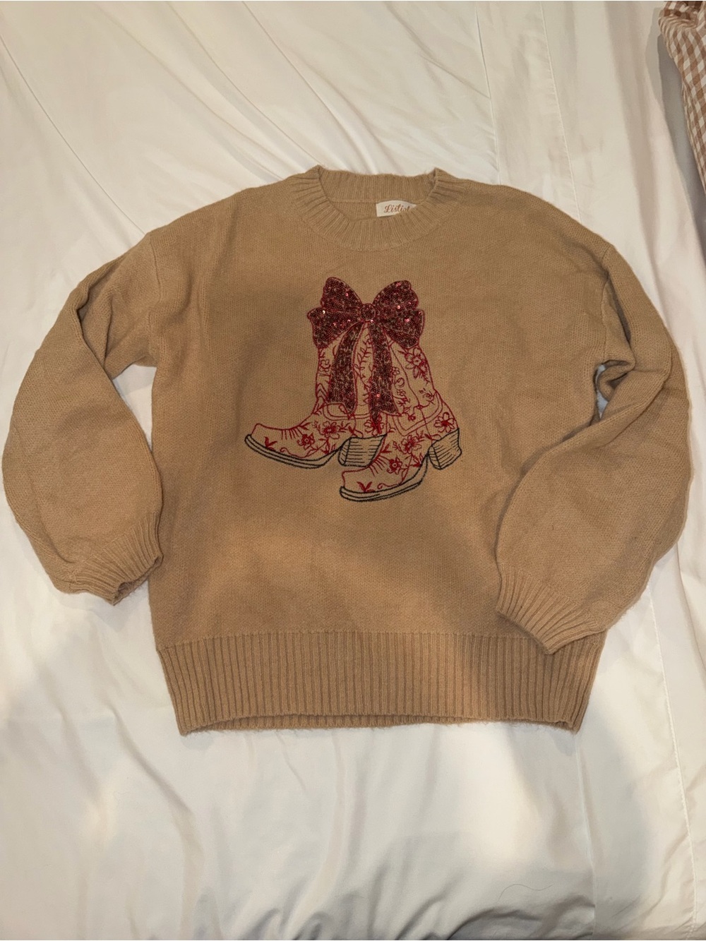 Listicle Tan Crewneck Sweater with Red Sequin Boot Motif